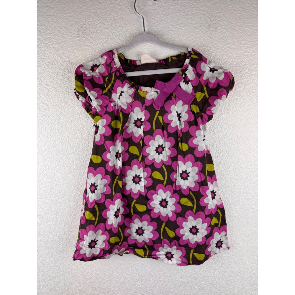 Mini Boden Girls Dress Brown Pink Floral Print Bow Size 3-4Y Cotton